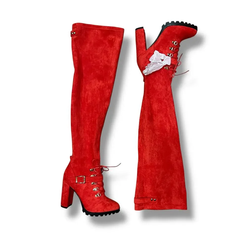 Shoedazzle Evadne Thigh Boot Sz 9 Red Faux Suede Over Knee OTK Lug Sole 4